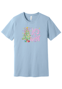 Joy to the World Pastel Tree tee in Baby Blue, featuring a pastel tinsel Christmas tree with a ribbon bow beside Joy to the World pink script