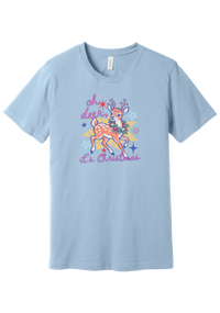 Oh Deer Retro tee in Baby Blue, featuring a retro spotted fawn wearing a holly wreath with pastel stars and hand-lettered script