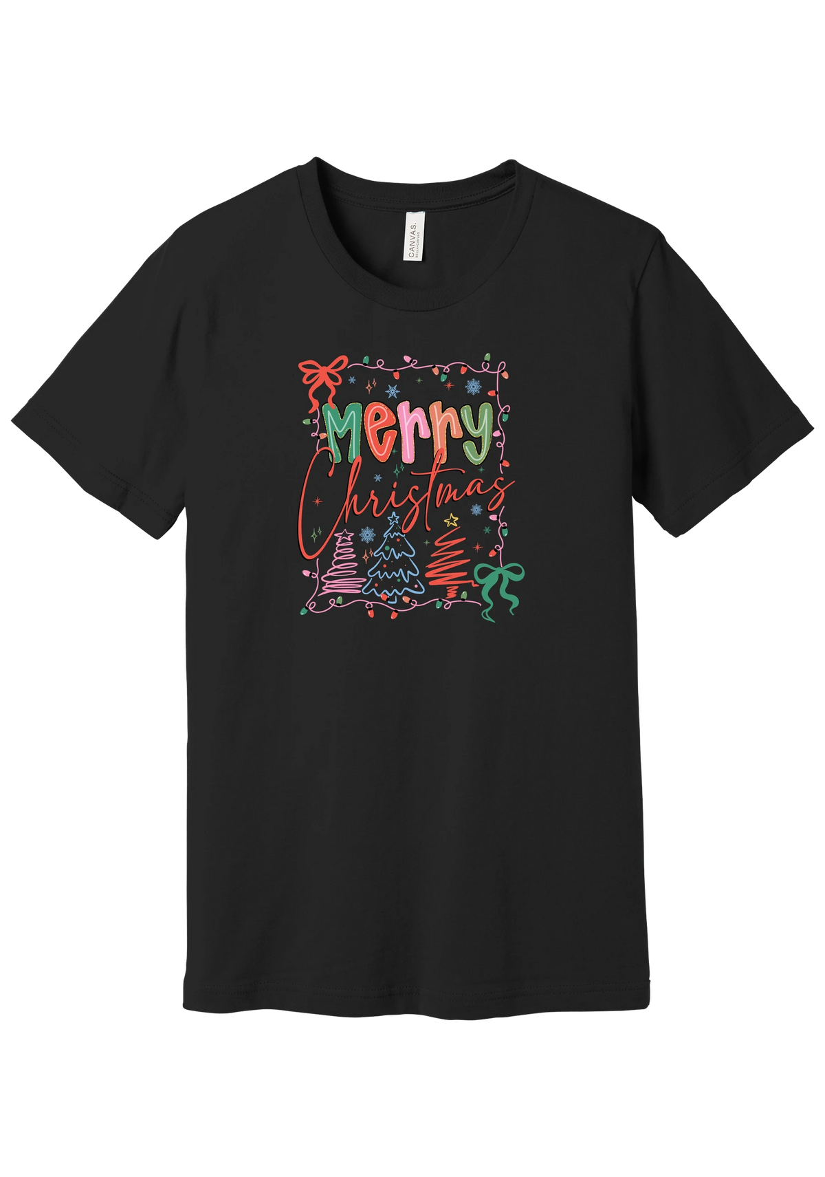 Coquette Merry Christmas Outline tee in Black, featuring bright Merry Christmas lettering framed by string lights, coquette bows, and sketched Christmas trees