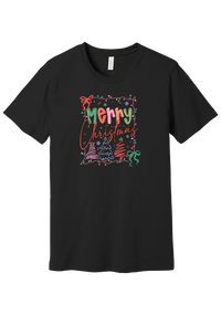Coquette Merry Christmas Outline tee in Black, featuring bright Merry Christmas lettering framed by string lights, coquette bows, and sketched Christmas trees