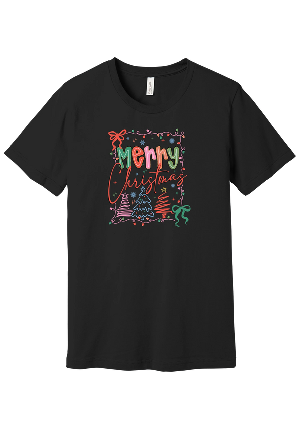 Coquette Merry Christmas Outline tee in Black, featuring bright Merry Christmas lettering framed by string lights, coquette bows, and sketched Christmas trees