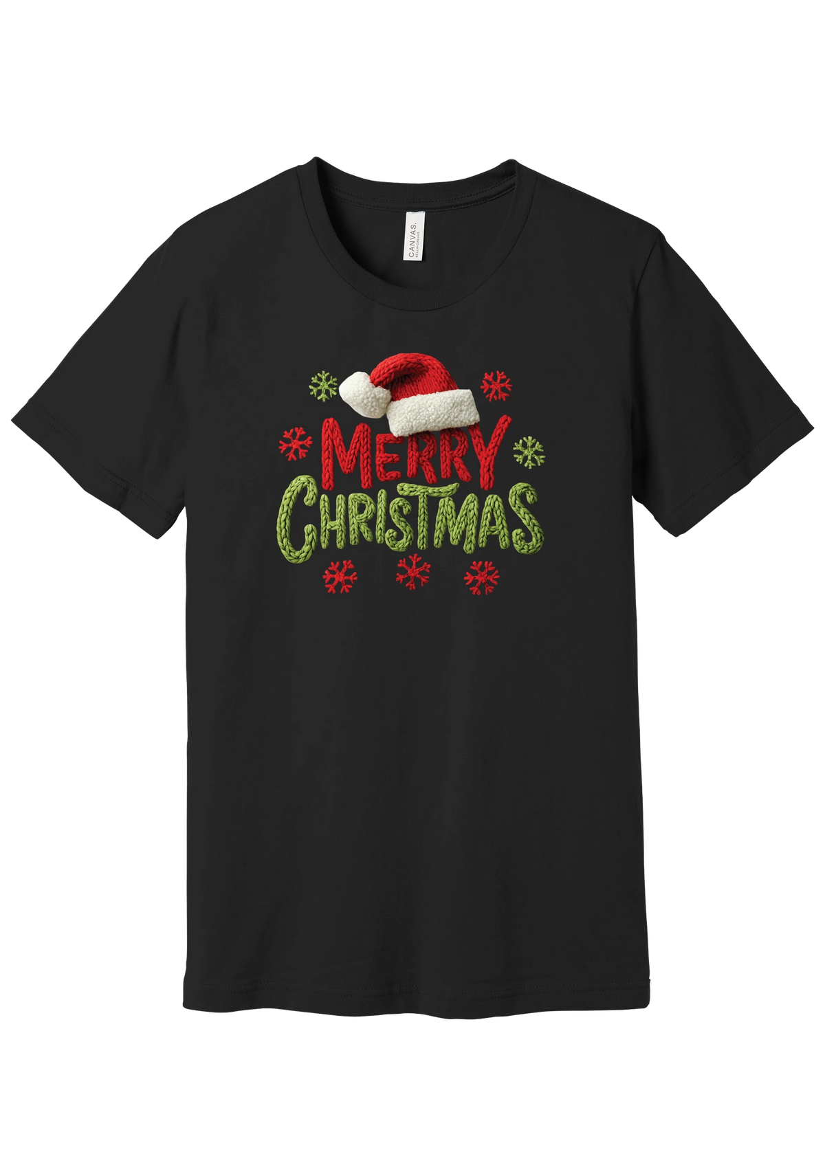 Crocheted Santa Hat Merry Christmas tee in Black, featuring a knit Santa hat over chunky red and green knit-texture Merry Christmas lettering with crochet snowflakes