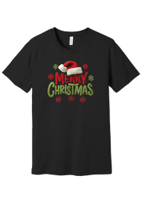 Crocheted Santa Hat Merry Christmas tee in Black, featuring a knit Santa hat over chunky red and green knit-texture Merry Christmas lettering with crochet snowflakes