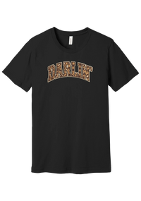 Darlin' tee, Checker Outline design, in Black, featuring arched varsity DARLIN' letters filled with leopard and checker print