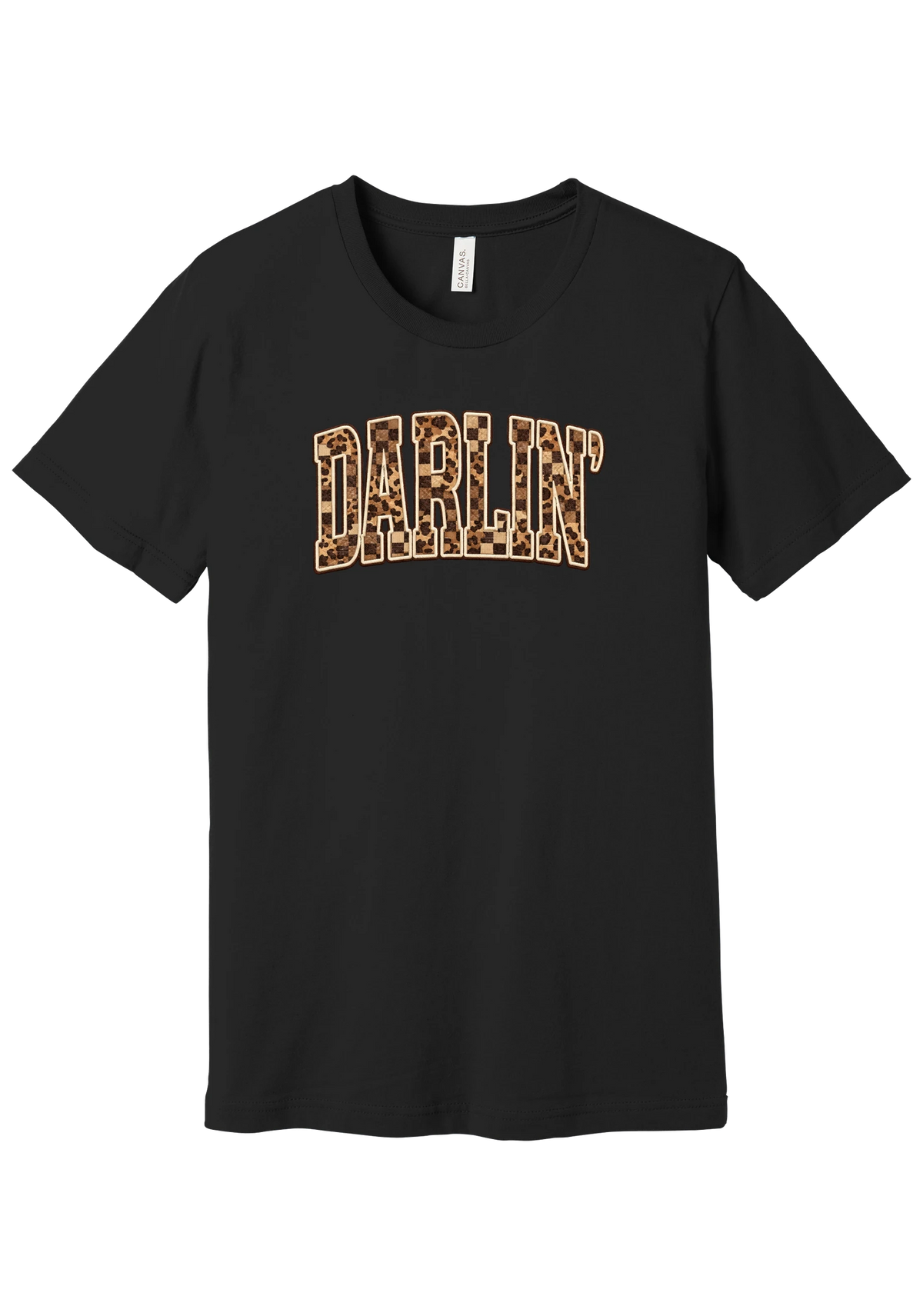 Darlin' tee, Leopard Checker design, in Black, featuring arched varsity DARLIN' letters filled with leopard and checker print