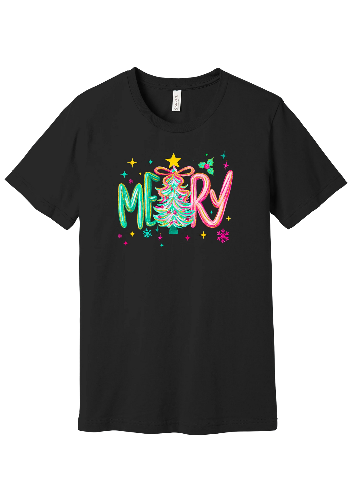 Merry Tinsel Tree tee in Black, featuring puffy teal and pink MERRY letters around a tinsel Christmas tree with a gold star