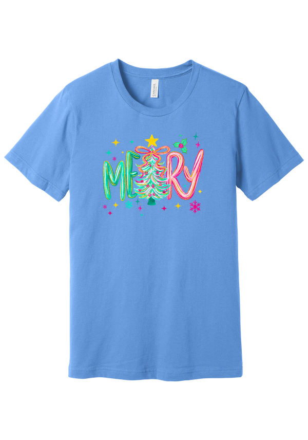 Merry Tinsel Tree tee in Carolina Blue, featuring puffy teal and pink MERRY letters around a tinsel Christmas tree with a gold star