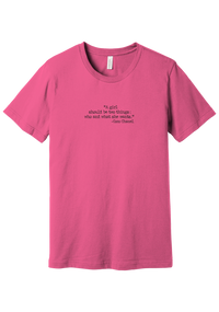 Coco Chanel Who and What Quote tee in Charity Pink, featuring A girl should be two things who and what she wants in distressed black typewriter letters