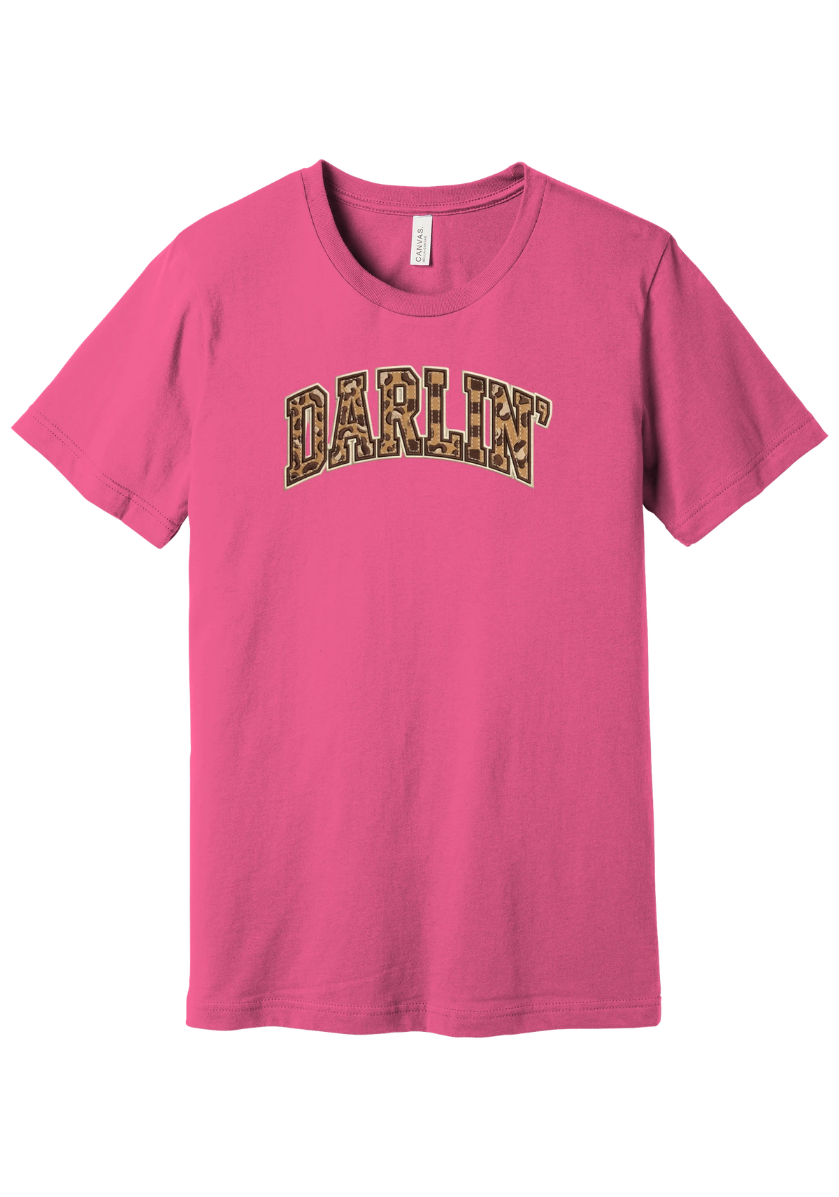 Darlin' tee, Checker Outline design, in Charity Pink, featuring arched varsity DARLIN' letters filled with leopard and checker print