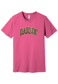 Darlin' tee, Patchwork design, in Charity Pink, featuring arched varsity DARLIN' letters filled with leopard and checker print