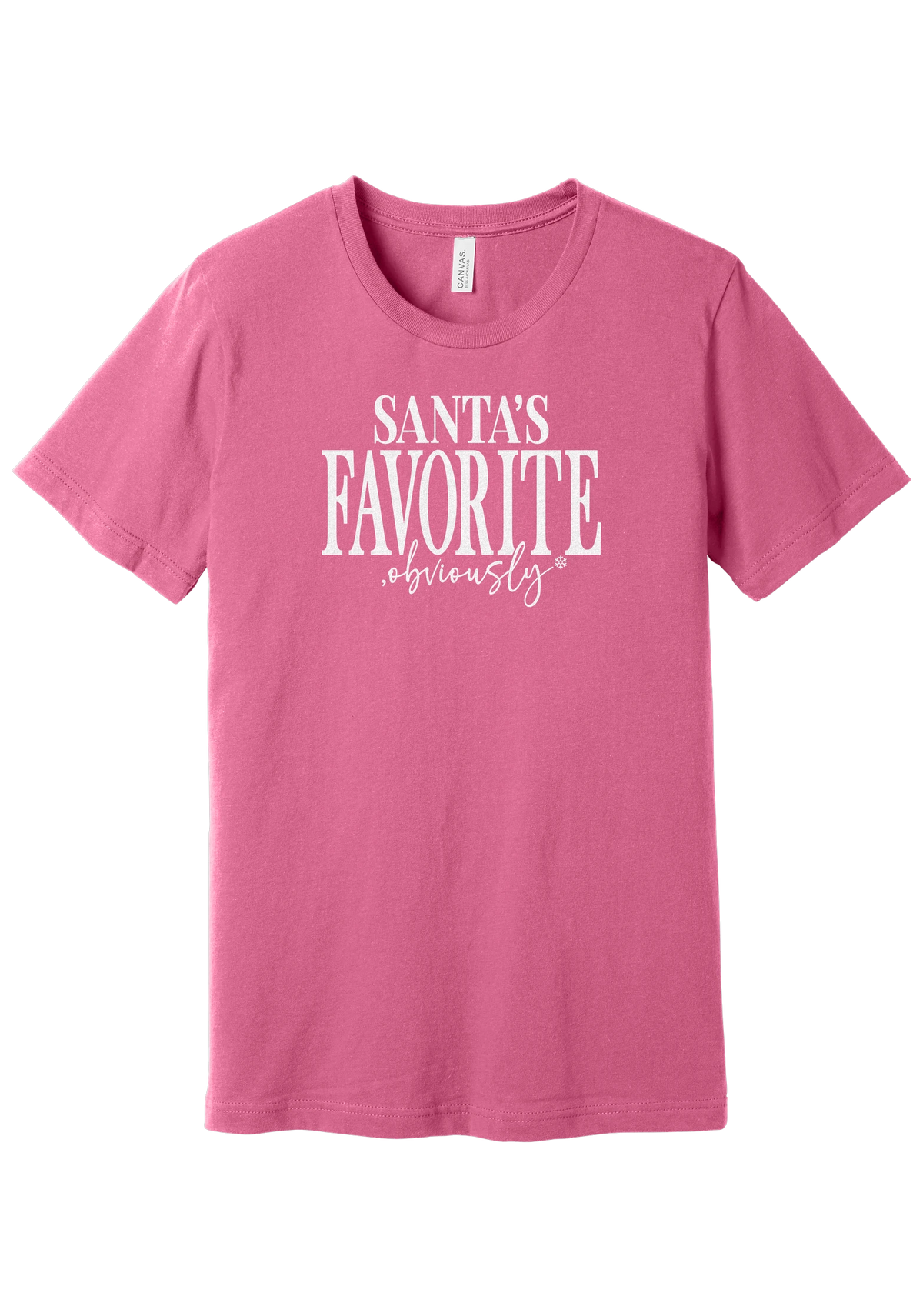 Santa's Favorite, Obviously tee in Charity Pink, featuring bold SANTA'S FAVORITE serif lettering with a sassy obviously script