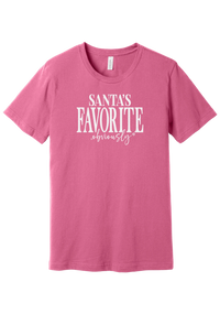 Santa's Favorite, Obviously tee in Charity Pink, featuring bold SANTA'S FAVORITE serif lettering with a sassy obviously script