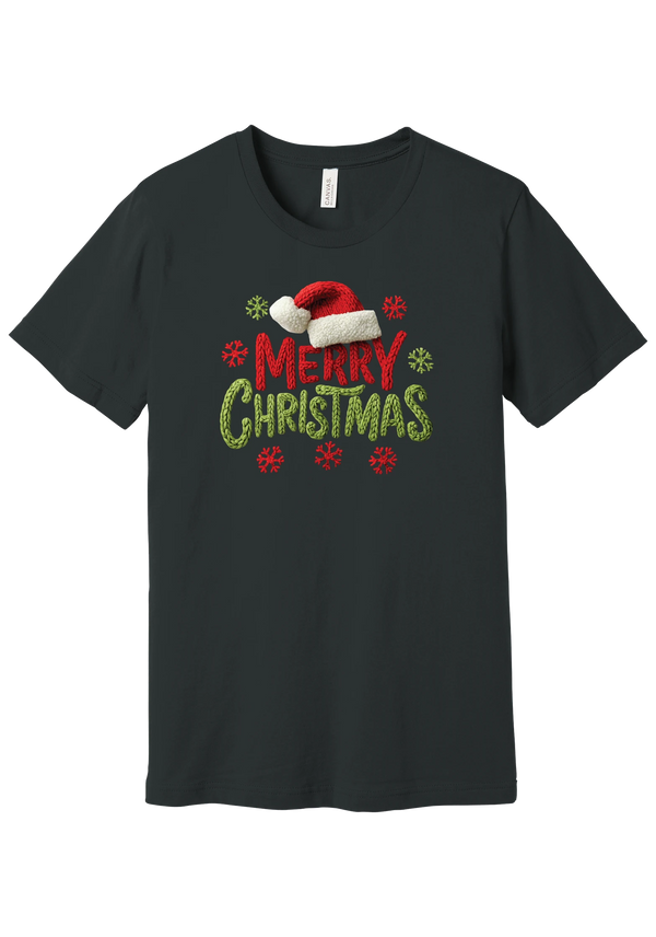 Crocheted Santa Hat Merry Christmas tee in Dark Grey, featuring a knit Santa hat over chunky red and green knit-texture Merry Christmas lettering with crochet snowflakes