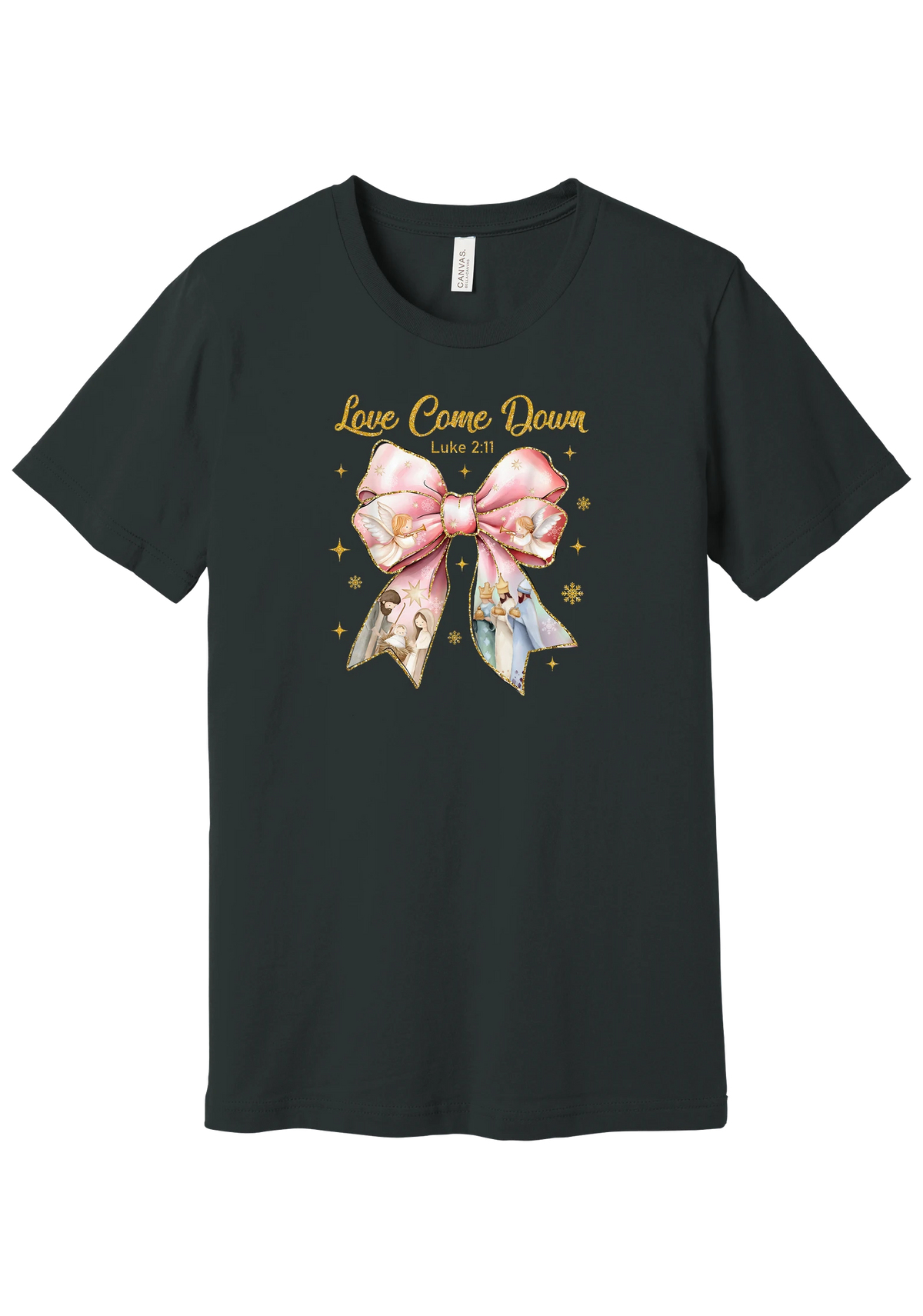 Love Came Down Nativity Bow tee in Dark Grey, featuring a blush satin bow with painted nativity scenes under gold Love Came Down script and Luke 2:11