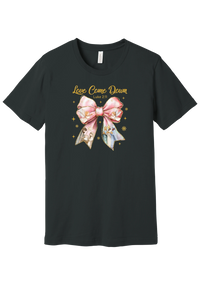 Love Came Down Nativity Bow tee in Dark Grey, featuring a blush satin bow with painted nativity scenes under gold Love Came Down script and Luke 2:11