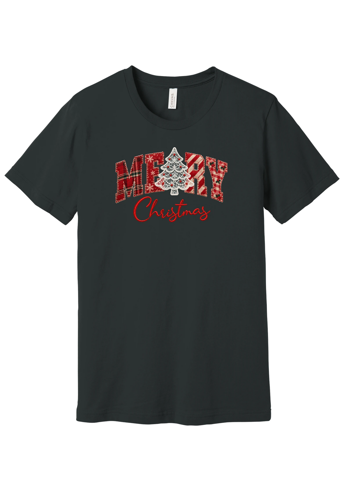 Merry Lace and Pattern Applique tee in Dark Grey, featuring faux applique MERRY letters in red plaid, snowflake, candy cane, and gingham fabrics with a lace Christmas tree and red script Christmas