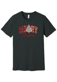 Merry Lace and Pattern Applique tee in Dark Grey, featuring faux applique MERRY letters in red plaid, snowflake, candy cane, and gingham fabrics with a lace Christmas tree and red script Christmas