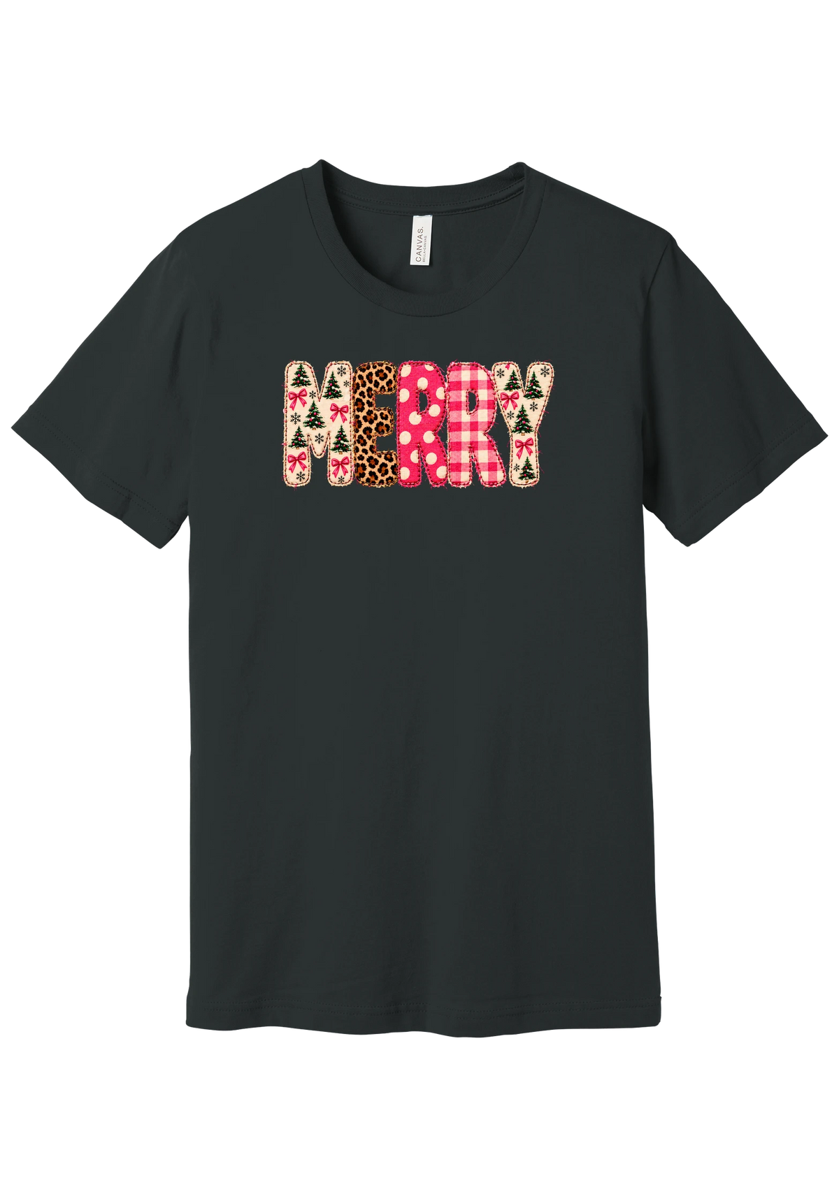 Merry Preppy Applique tee in Dark Grey, featuring faux applique MERRY letters in pink and green patchwork patterns with trees, gingham, Santas, polka dots, and candy cane stripes
