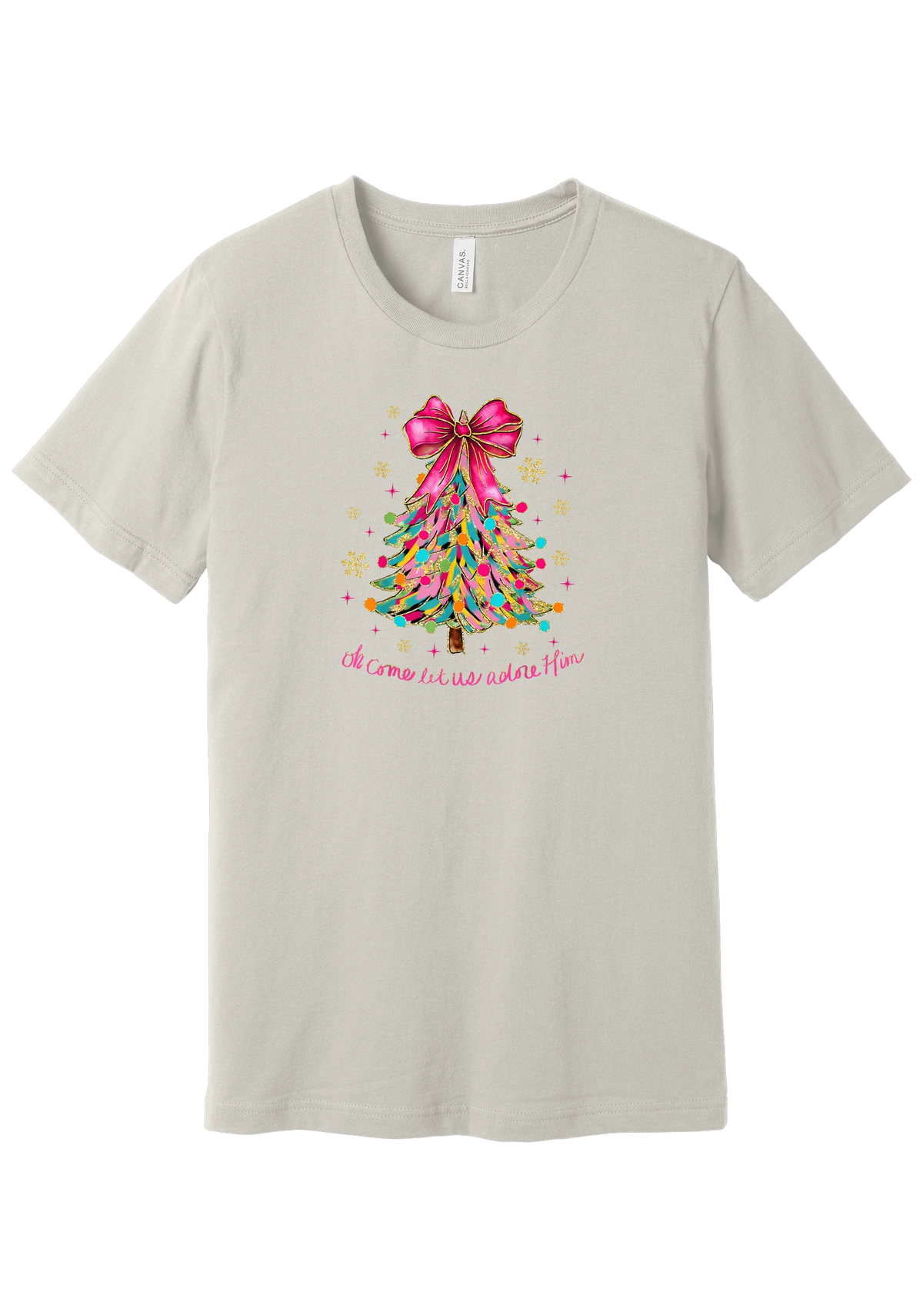 Adore Him Ribbon Tree tee in Dust, featuring a colorful ribbon Christmas tree topped with a hot pink bow over Oh Come Let Us Adore Him script