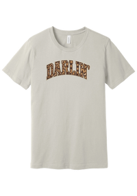 Darlin' tee, Checker Outline design, in Dust, featuring arched varsity DARLIN' letters filled with leopard and checker print
