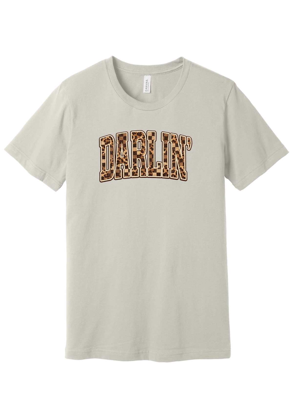 Darlin' tee, Leopard Checker design, in Dust, featuring arched varsity DARLIN' letters filled with leopard and checker print