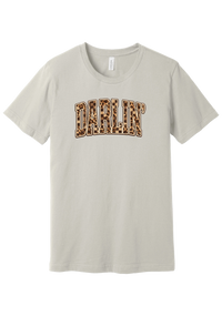 Darlin' tee, Leopard Checker design, in Dust, featuring arched varsity DARLIN' letters filled with leopard and checker print