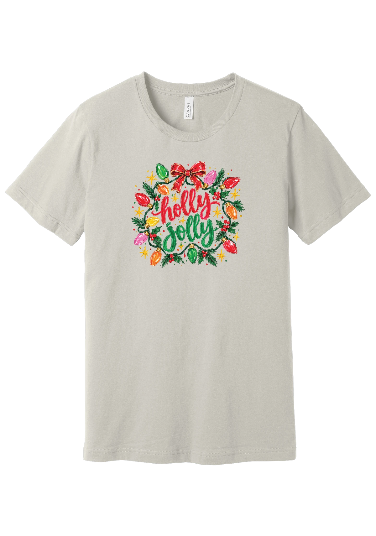 Holly Jolly Christmas Lights tee in Dust, featuring hand-lettered holly jolly script framed by vintage bulb lights, holly, and a big red bow