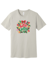 Holly Jolly Christmas Lights tee in Dust, featuring hand-lettered holly jolly script framed by vintage bulb lights, holly, and a big red bow