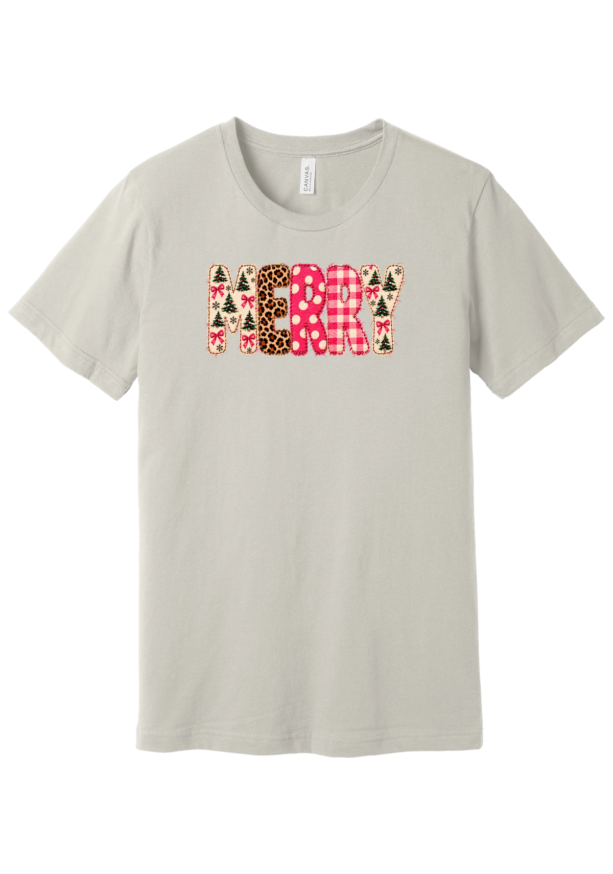 Merry Preppy Applique tee in Dust, featuring faux applique MERRY letters in pink and green patchwork patterns with trees, gingham, Santas, polka dots, and candy cane stripes