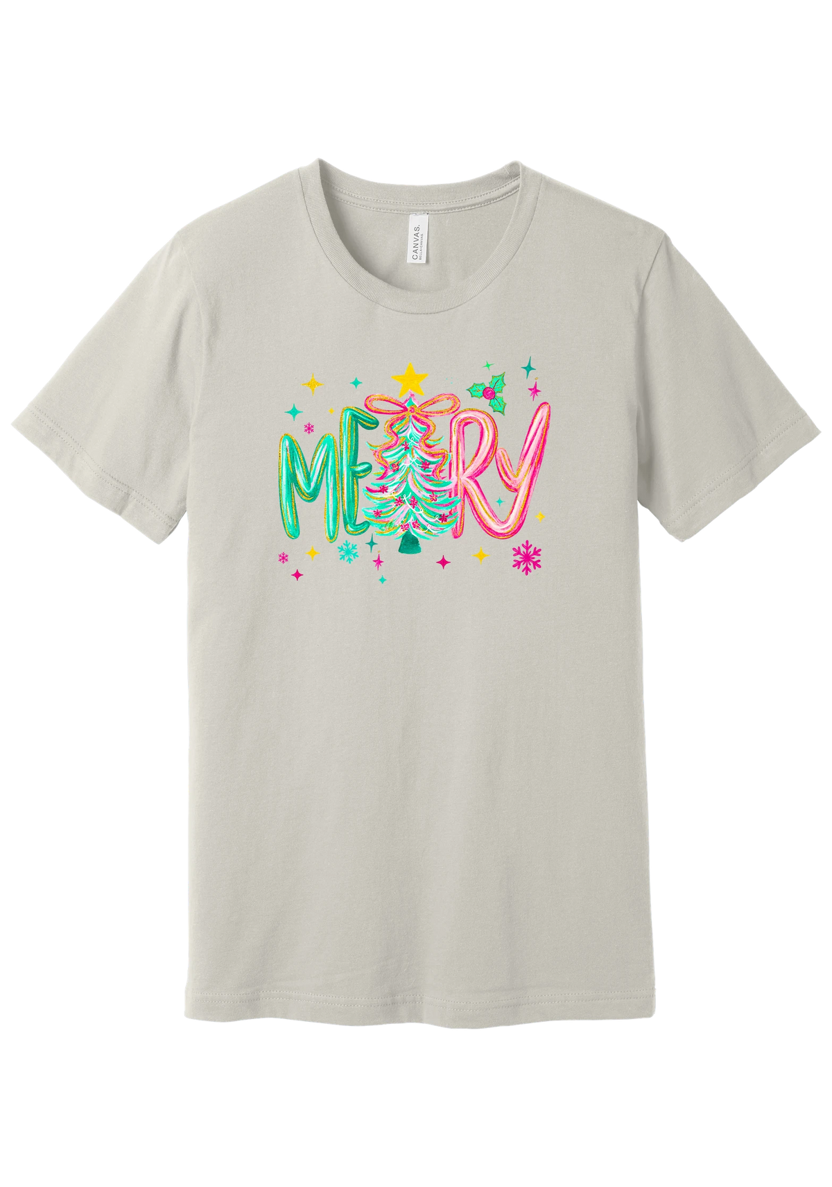 Merry Tinsel Tree tee in Dust, featuring puffy teal and pink MERRY letters around a tinsel Christmas tree with a gold star