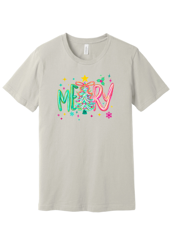 Merry Tinsel Tree tee in Dust, featuring puffy teal and pink MERRY letters around a tinsel Christmas tree with a gold star