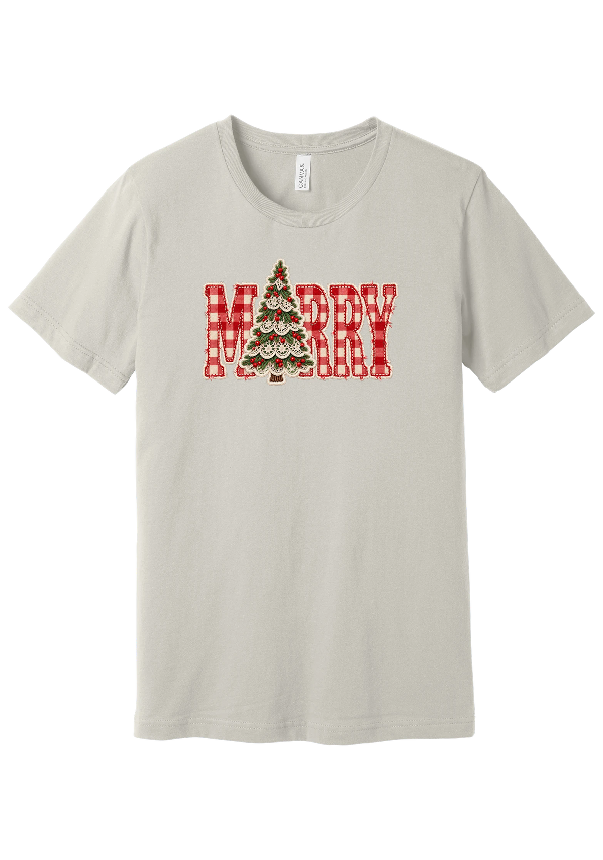 Red Gingham Merry Tree tee in Dust, featuring red gingham MERRY letters with a lace-trimmed Christmas tree in the center