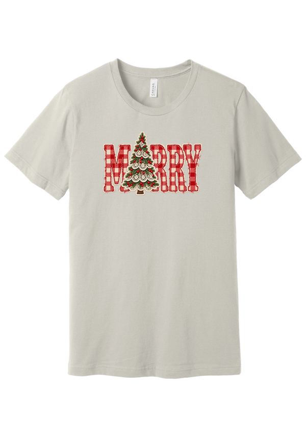 Red Gingham Merry Tree tee in Dust, featuring red gingham MERRY letters with a lace-trimmed Christmas tree in the center
