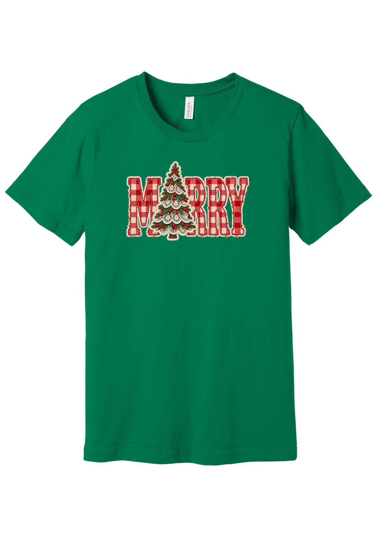 Red Gingham Merry Tree tee in Kelly Green, featuring red gingham MERRY letters with a lace-trimmed Christmas tree in the center