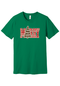 Red Gingham Merry Tree tee in Kelly Green, featuring red gingham MERRY letters with a lace-trimmed Christmas tree in the center