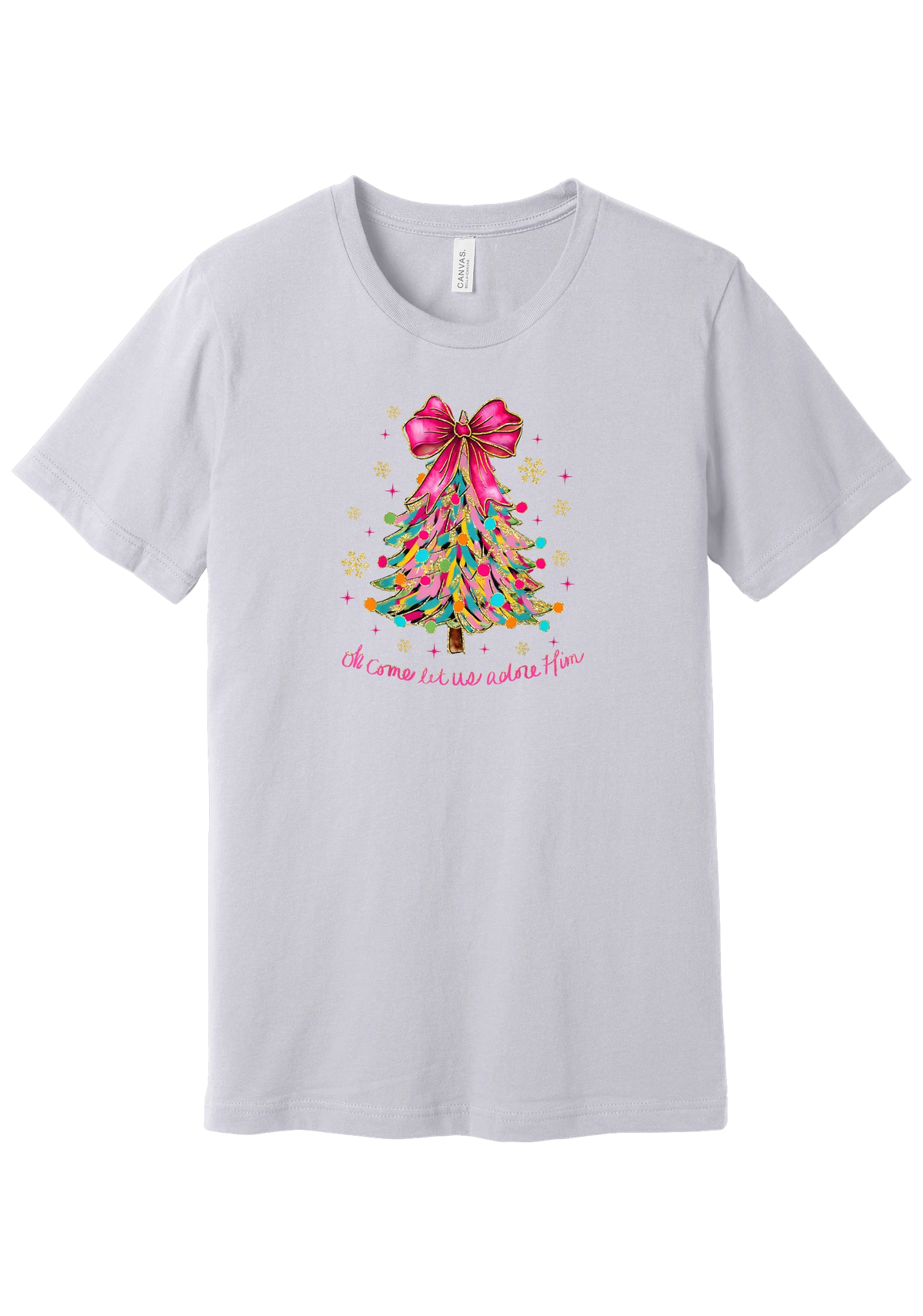 Adore Him Ribbon Tree tee in Lavender Dust, featuring a colorful ribbon Christmas tree topped with a hot pink bow over Oh Come Let Us Adore Him script