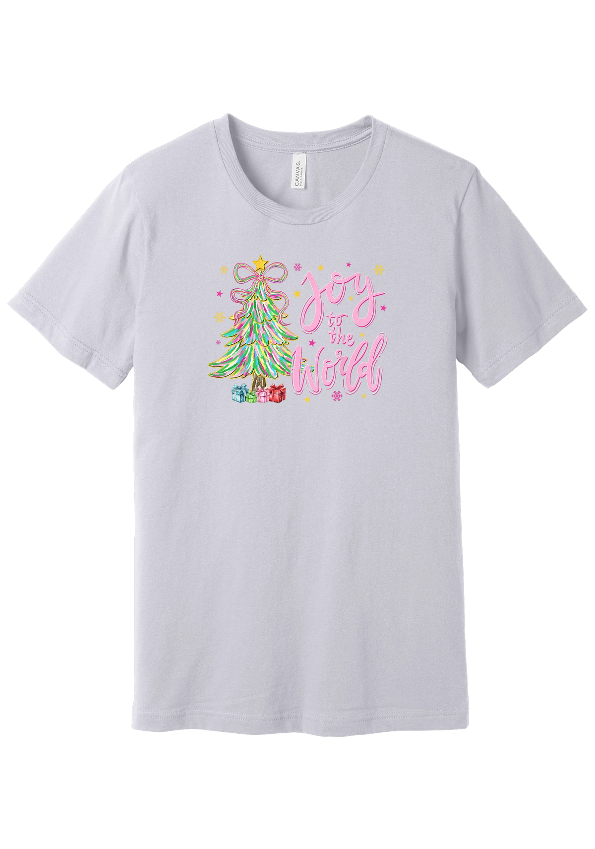 Joy to the World Pastel Tree tee in Lavender Dust, featuring a pastel tinsel Christmas tree with a ribbon bow beside Joy to the World pink script