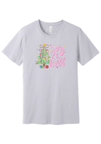 Joy to the World Pastel Tree tee in Lavender Dust, featuring a pastel tinsel Christmas tree with a ribbon bow beside Joy to the World pink script