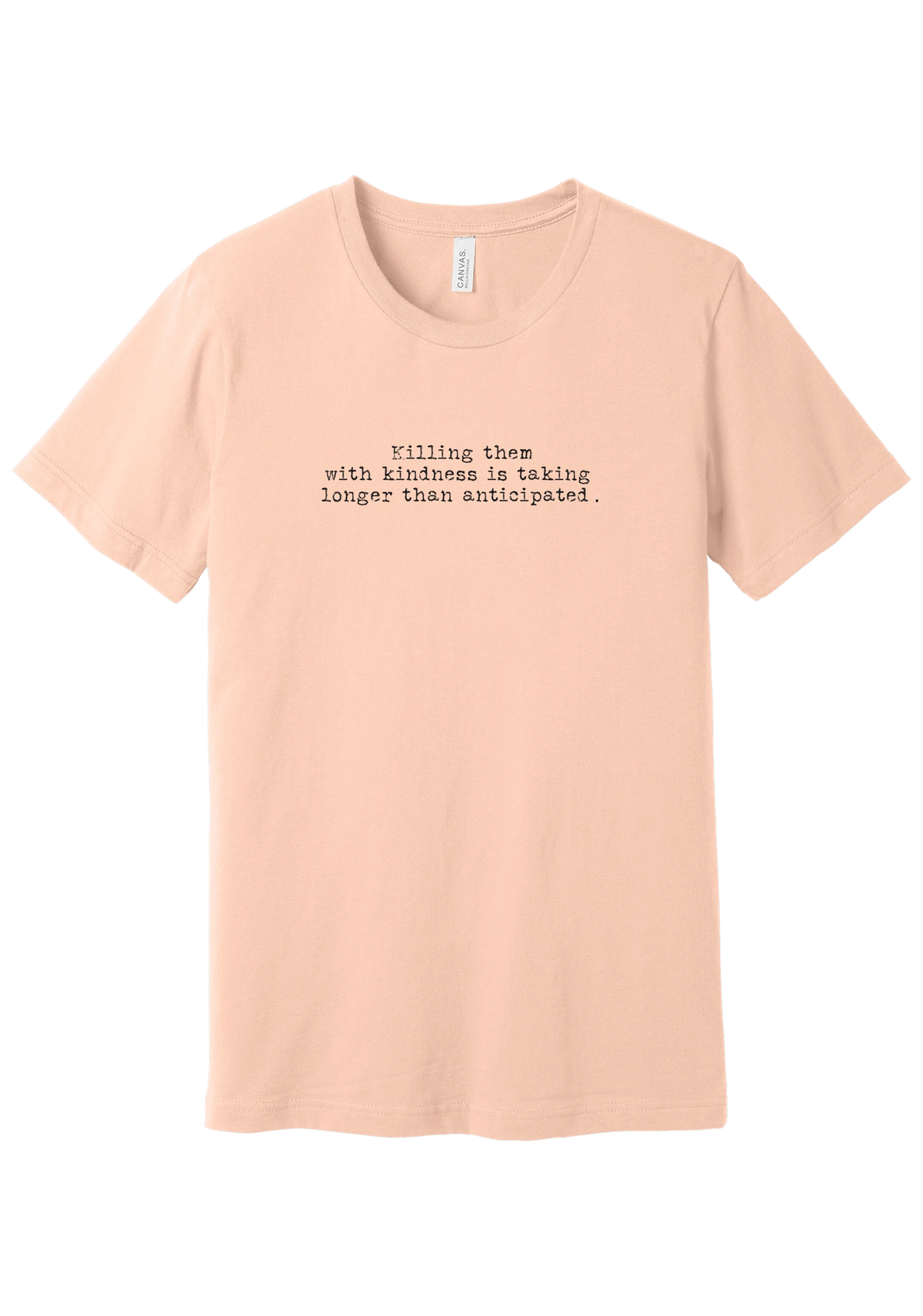 Killing Them With Kindness tee in Peach, featuring Killing them with kindness is taking longer than anticipated in distressed black typewriter letters