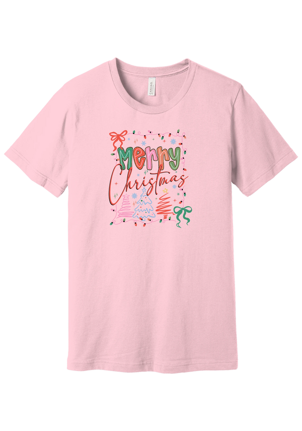 Coquette Merry Christmas Outline tee in Pink, featuring bright Merry Christmas lettering framed by string lights, coquette bows, and sketched Christmas trees