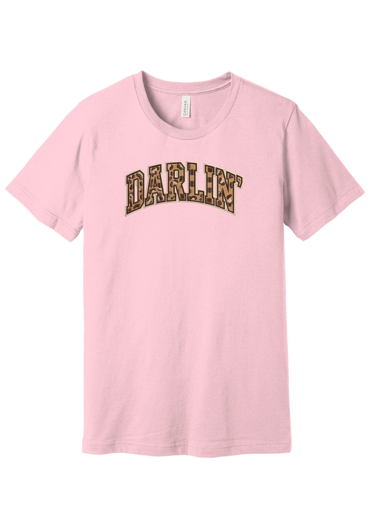 Darlin' tee, Checker Outline design, in Pink, featuring arched varsity DARLIN' letters filled with leopard and checker print