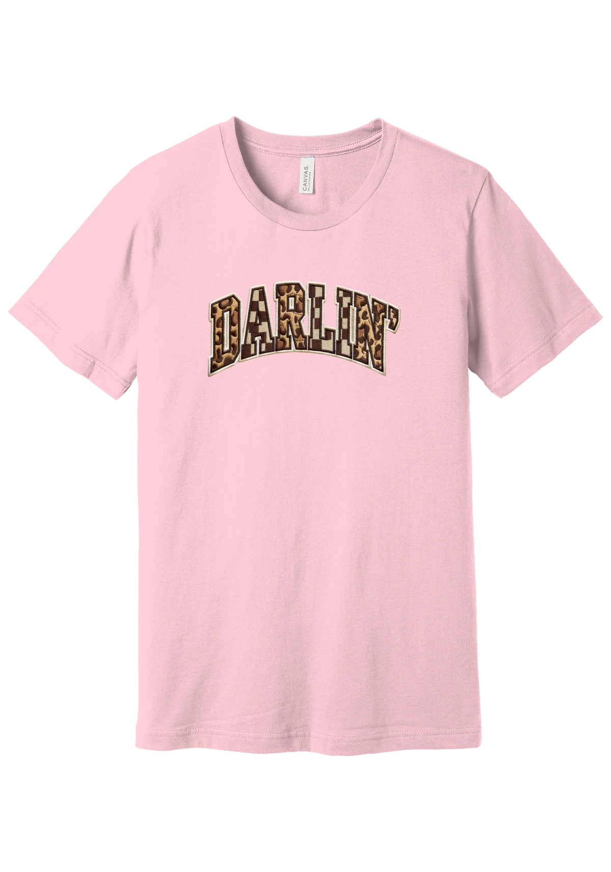 Darlin' tee, Patchwork design, in Pink, featuring arched varsity DARLIN' letters filled with leopard and checker print