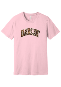 Darlin' tee, Patchwork design, in Pink, featuring arched varsity DARLIN' letters filled with leopard and checker print