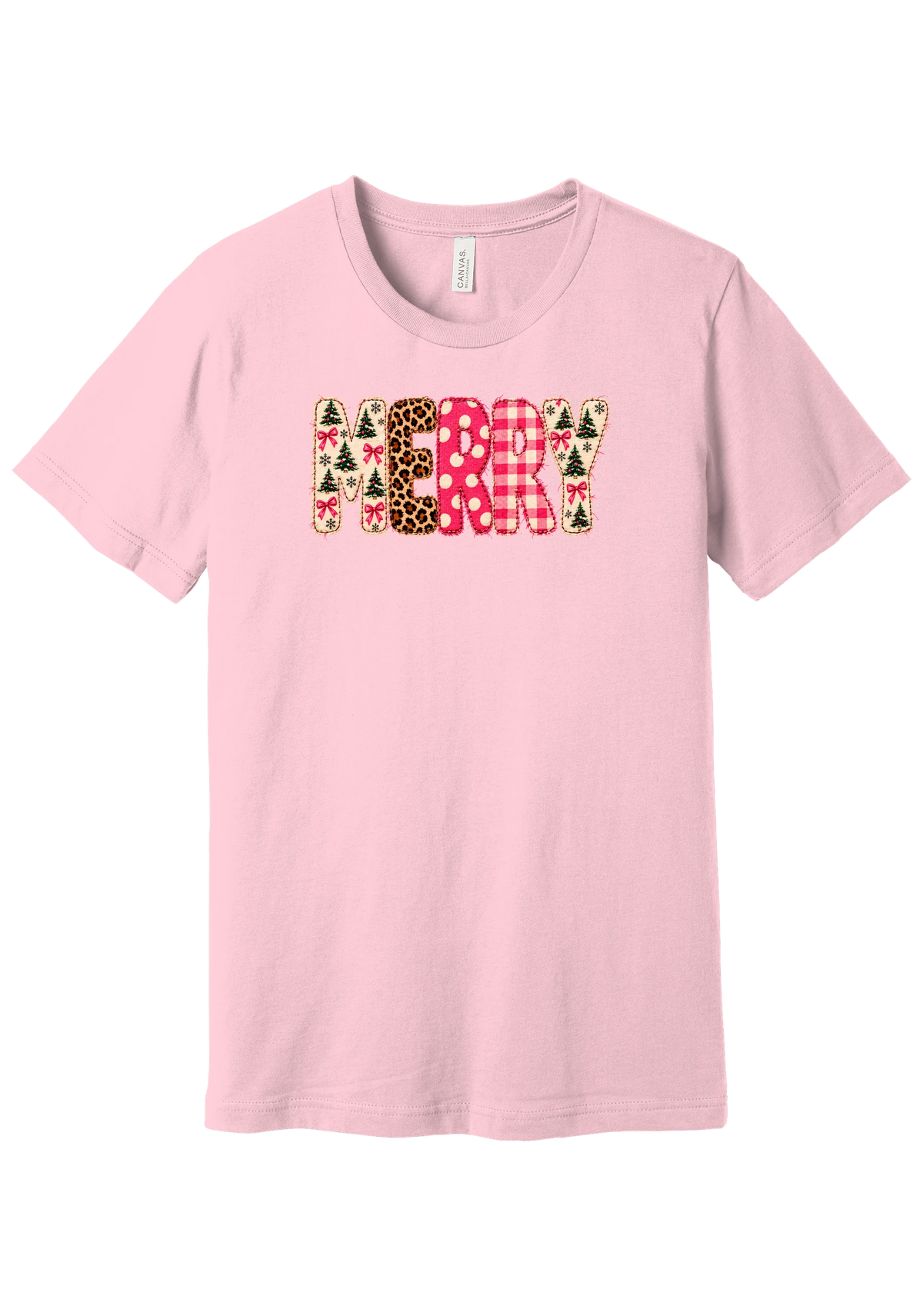Merry Preppy Applique tee in Pink, featuring faux applique MERRY letters in pink and green patchwork patterns with trees, gingham, Santas, polka dots, and candy cane stripes