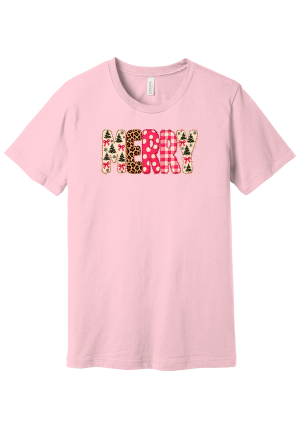 Merry Preppy Applique tee in Pink, featuring faux applique MERRY letters in pink and green patchwork patterns with trees, gingham, Santas, polka dots, and candy cane stripes