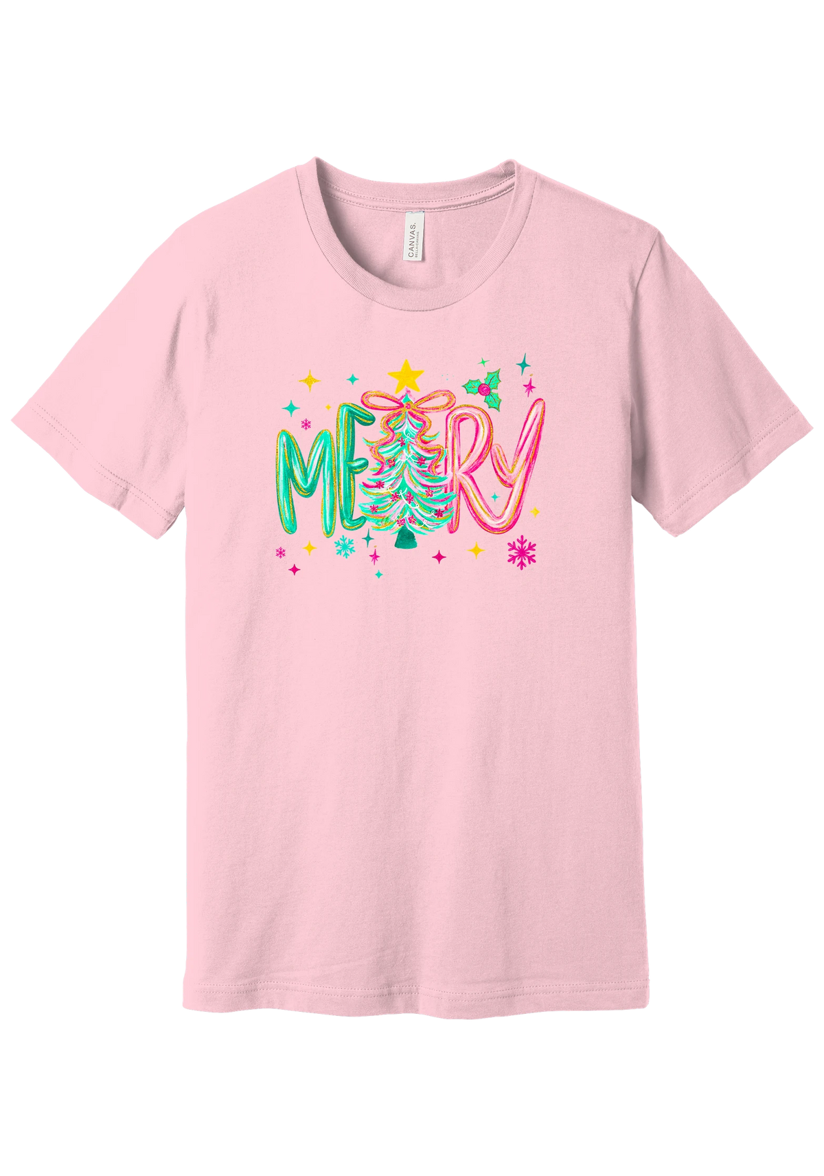 Merry Tinsel Tree tee in Pink, featuring puffy teal and pink MERRY letters around a tinsel Christmas tree with a gold star