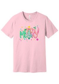 Merry Tinsel Tree tee in Pink, featuring puffy teal and pink MERRY letters around a tinsel Christmas tree with a gold star