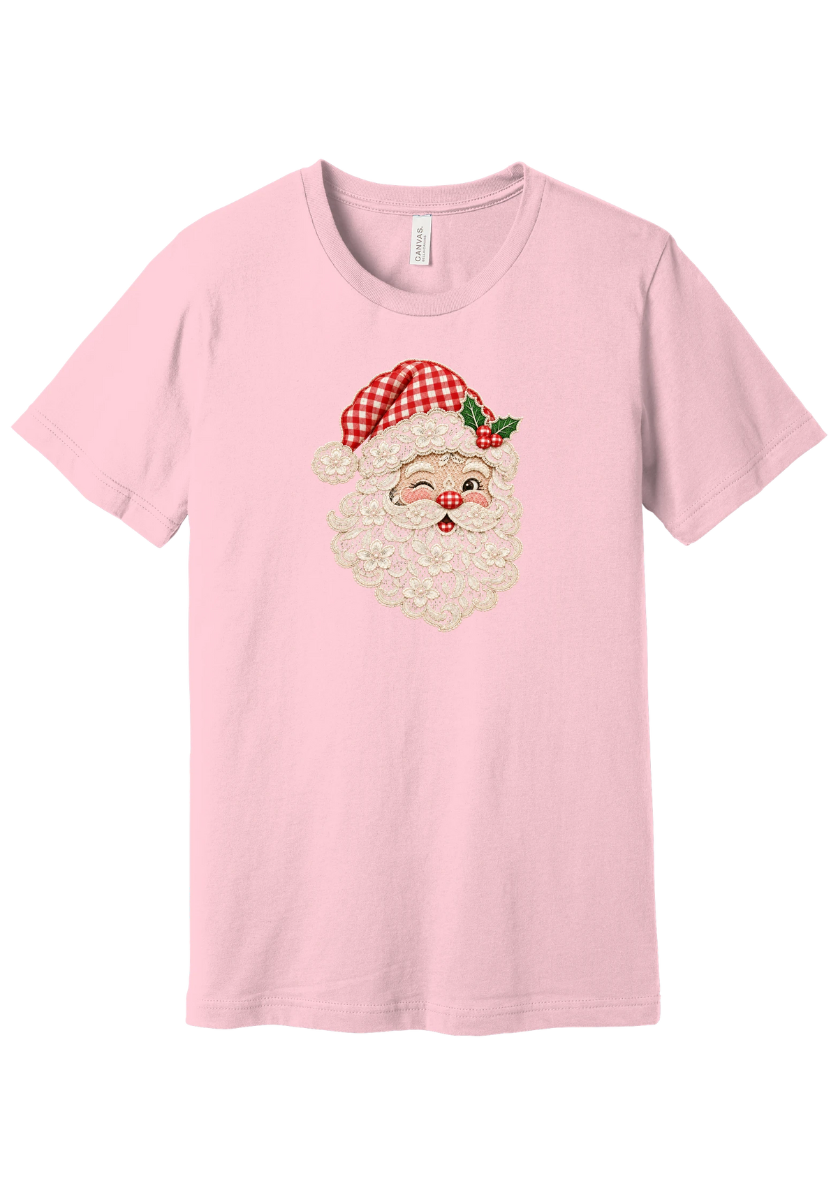 Vintage Lace Santa tee in Pink, featuring a vintage lace Santa face with a cream floral lace beard, a red gingham hat, and holly