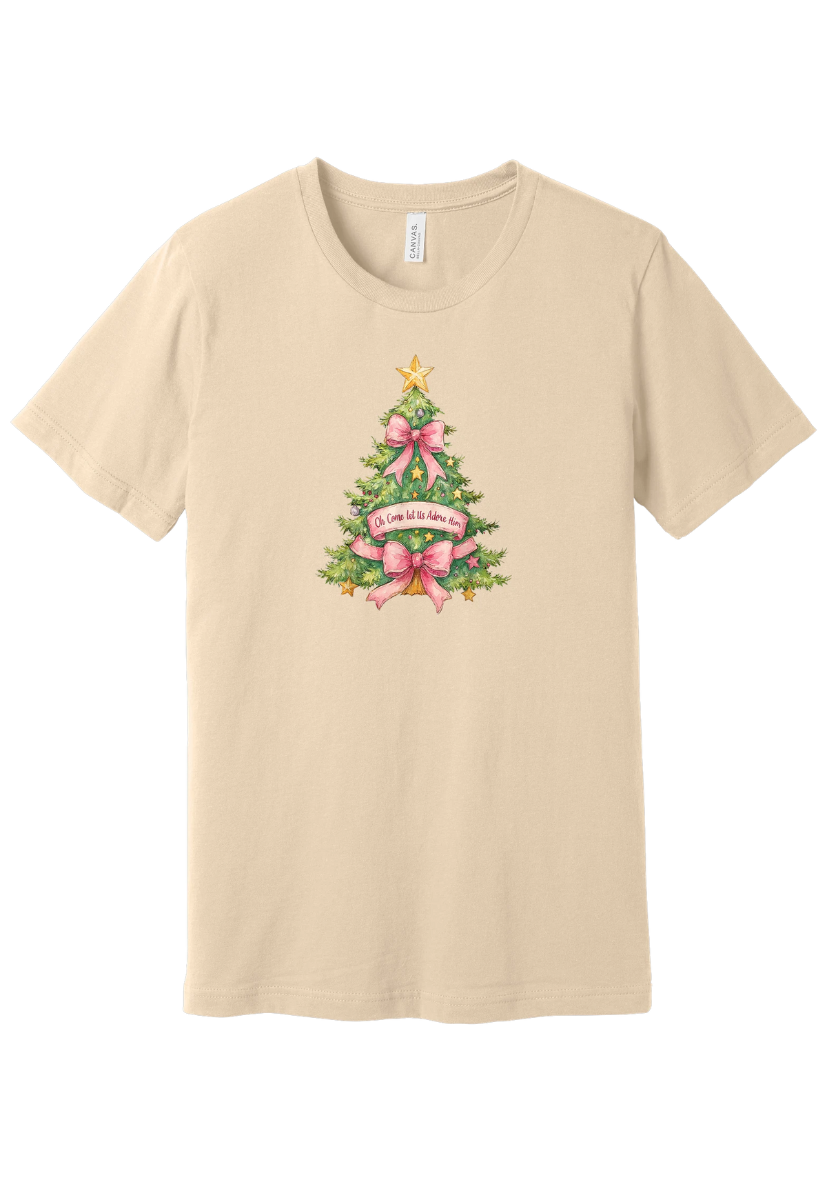 Adore Him Bow Tree tee in Soft Cream, featuring a green Christmas tree dressed in pink bows and a gold star with an Oh Come Let Us Adore Him banner