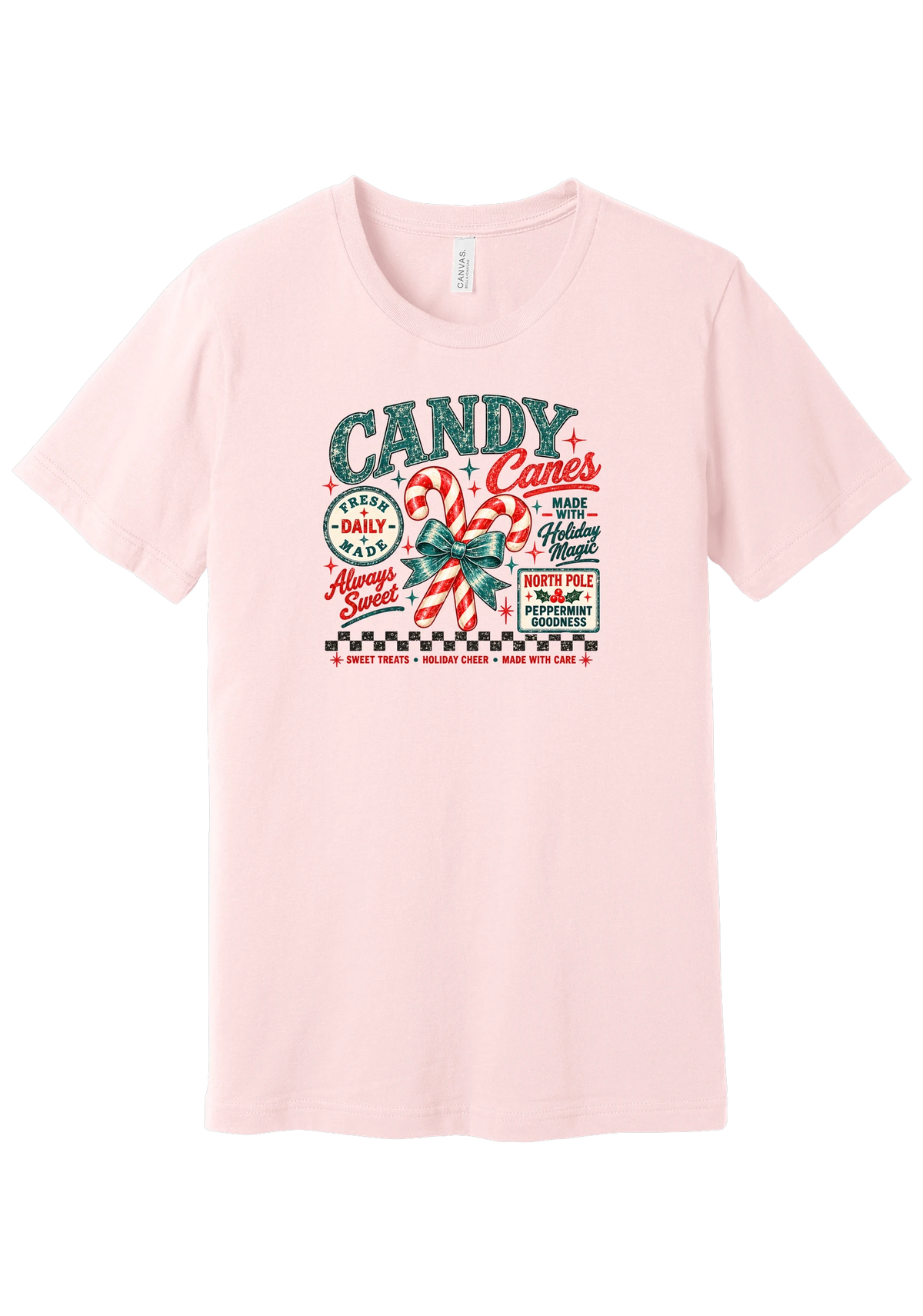 Fresh Candy Canes tee in Soft Pink, featuring vintage candy shop lettering with two striped candy canes tied in a green bow and a North Pole Peppermint sign